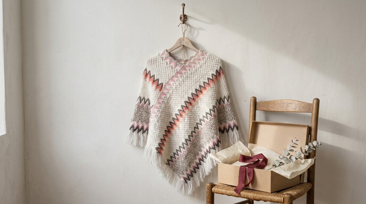 Poncho en maille à franges sur un cintre, boîte cadeau kraft et ruban bordeaux