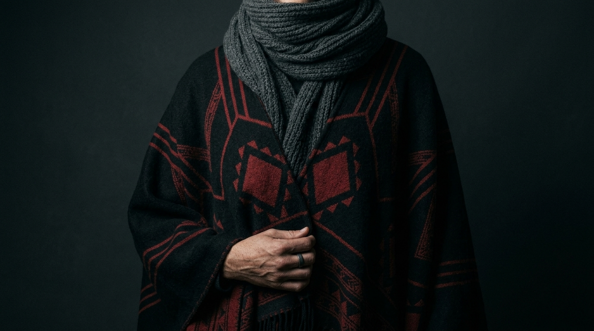 Poncho jacquard noir et rouge à franges porté sur les épaules