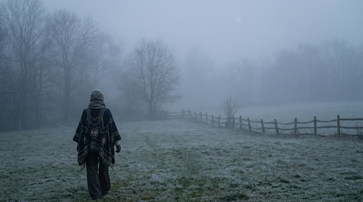 Silhouette en poncho bleu marine dans un pré givré sous la brume
