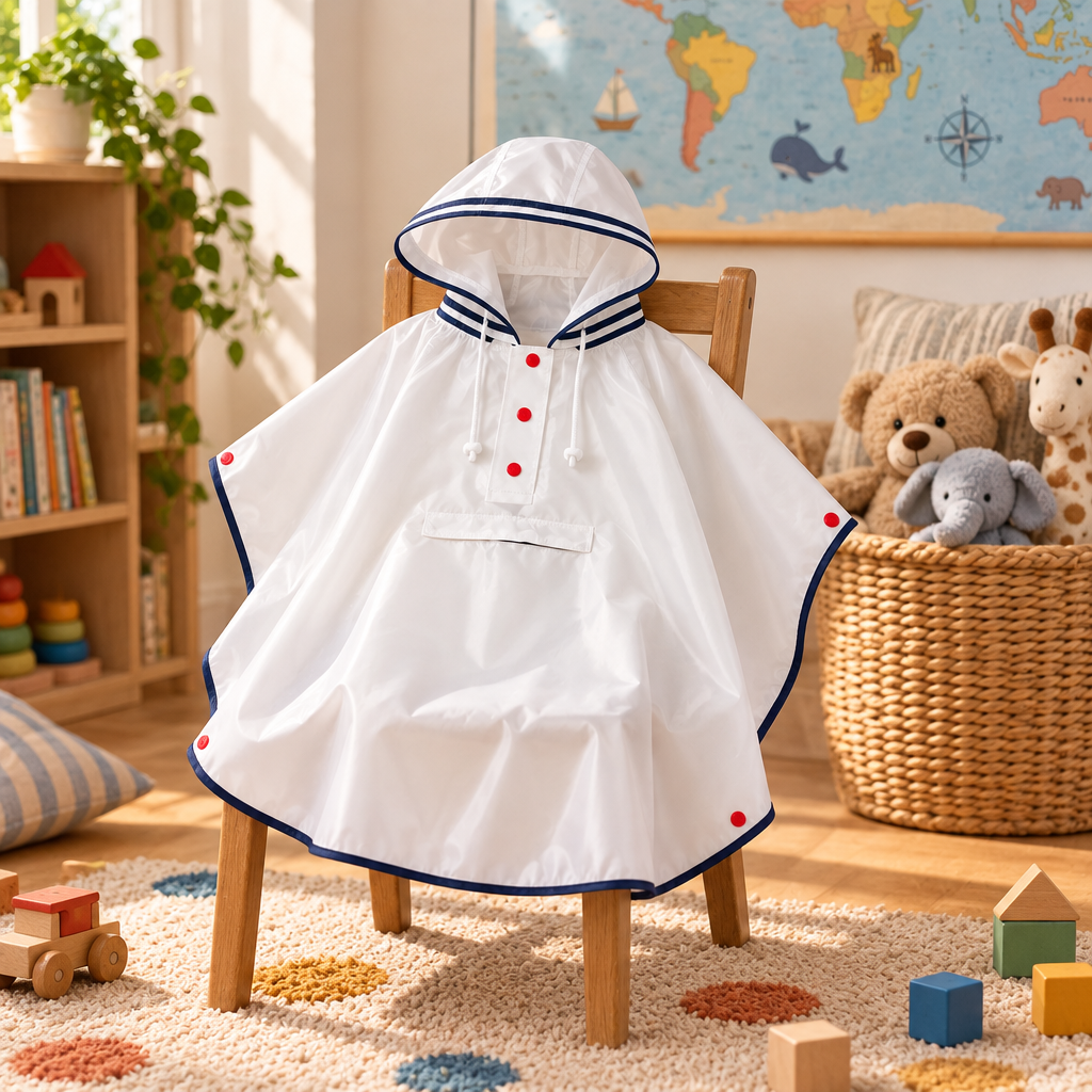 Poncho Petit Explorateur posé sur une petite chaise dans une chambre d'enfant