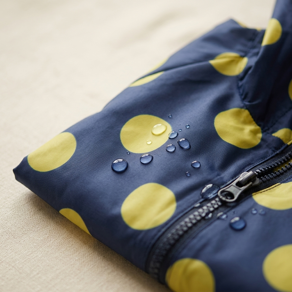 Poncho de Pluie Averse – gros plan sur le tissu imperméable perlé de gouttes et la fermeture à glissière