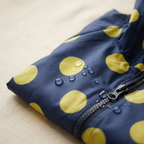 Poncho de Pluie Averse – gros plan sur le tissu imperméable perlé de gouttes et la fermeture à glissière