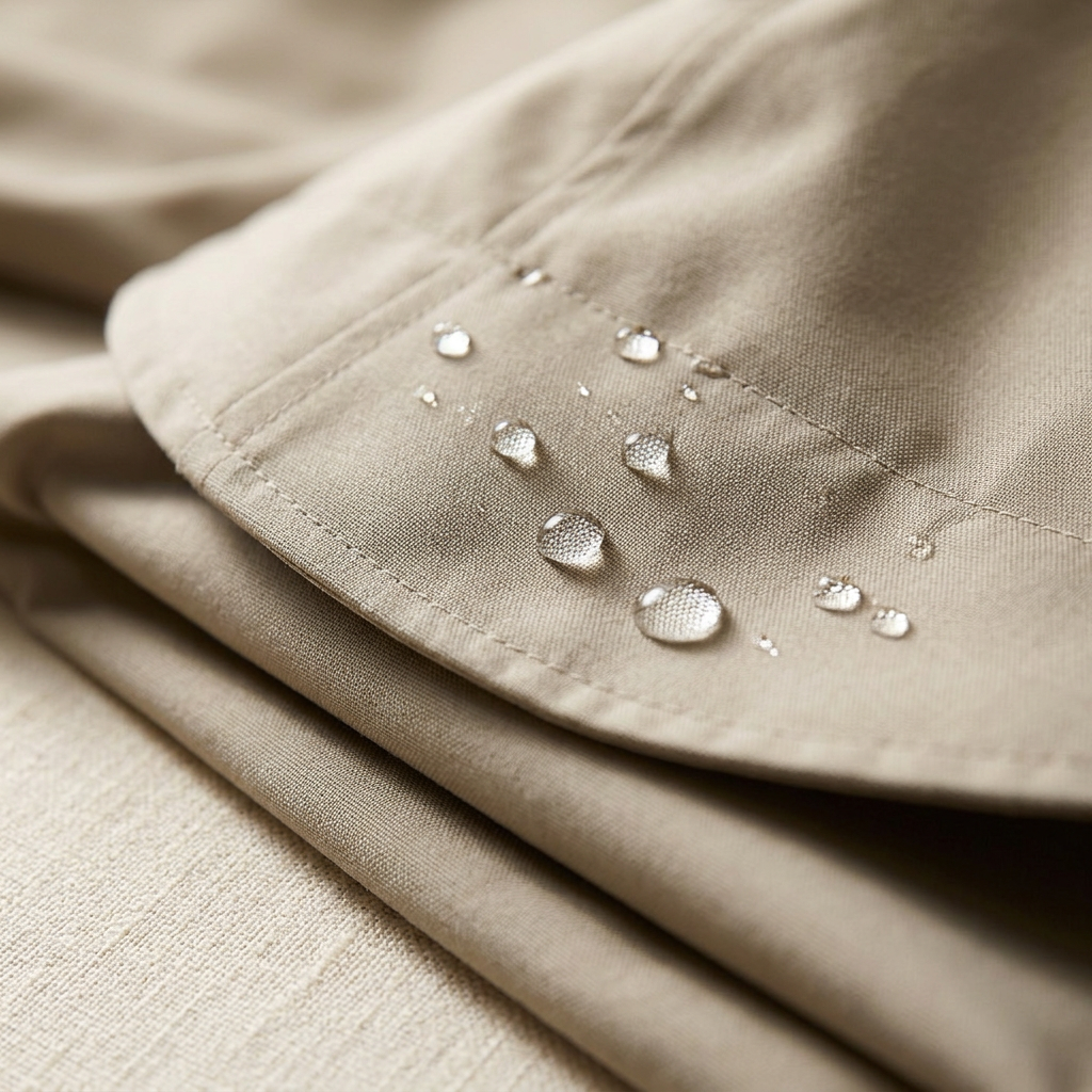 Poncho de Pluie Long Route Sèche – gros plan sur le tissu Oxford imperméable beige et les gouttes d'eau