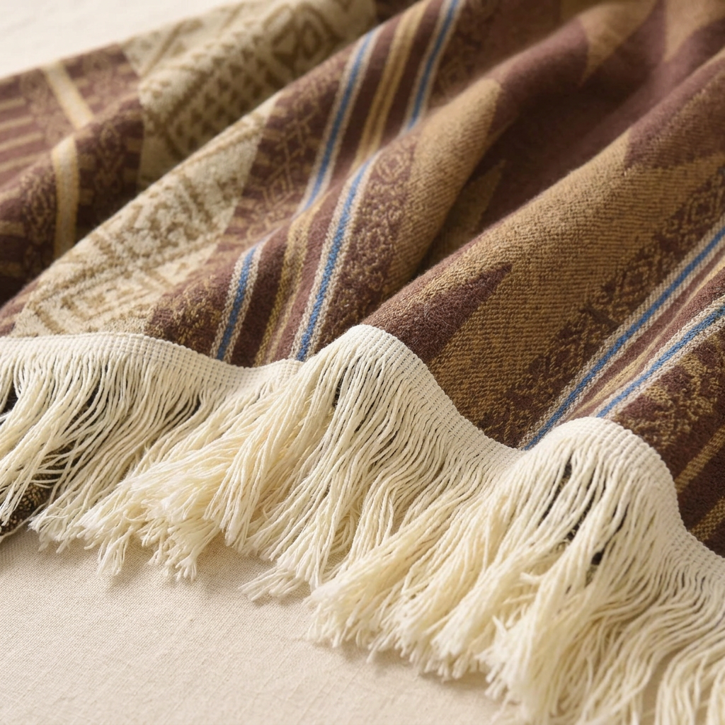 Poncho Éclat Nomade – gros plan sur le jacquard à motifs ethniques camel et les franges écrues