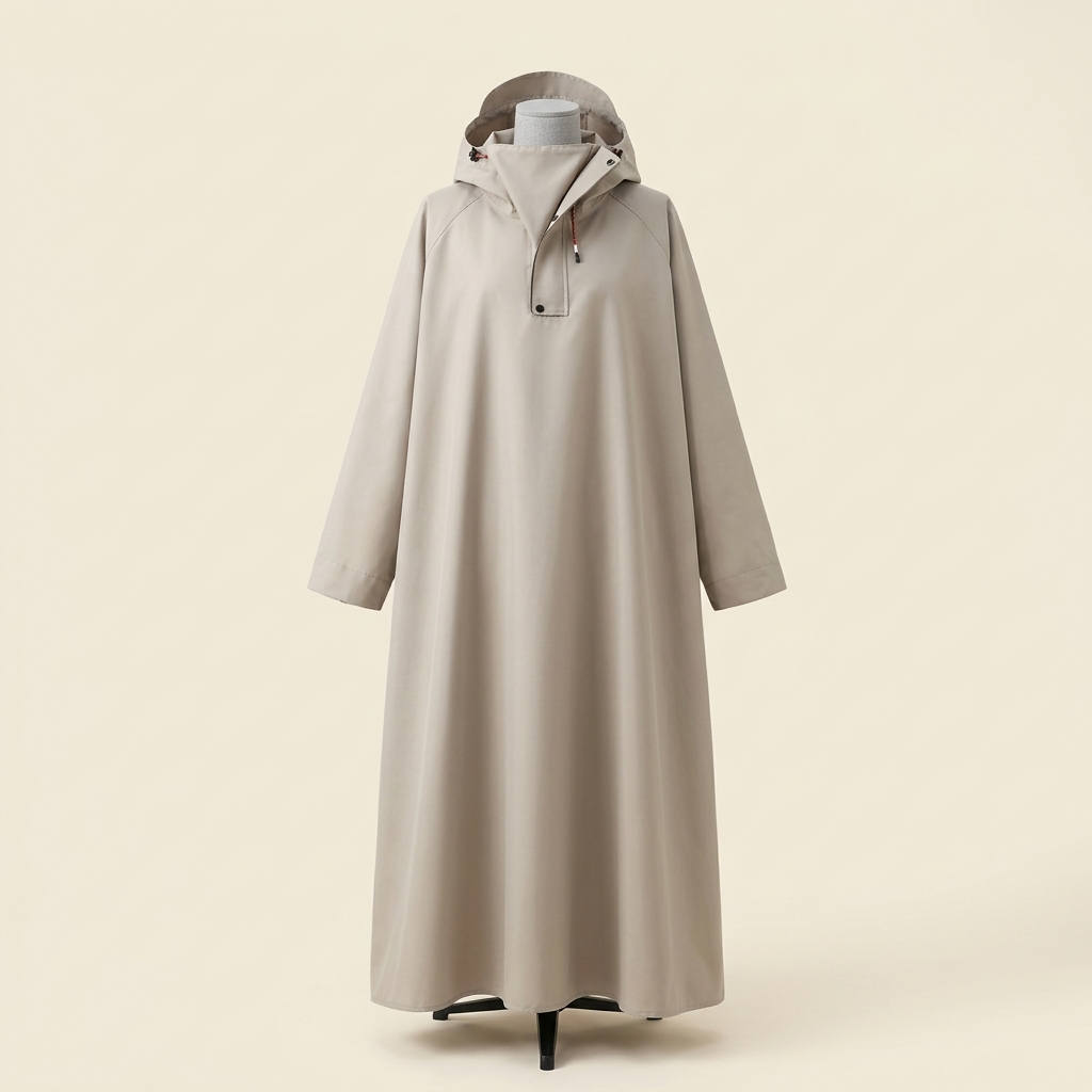 Poncho de pluie long Route Sèche beige sur buste