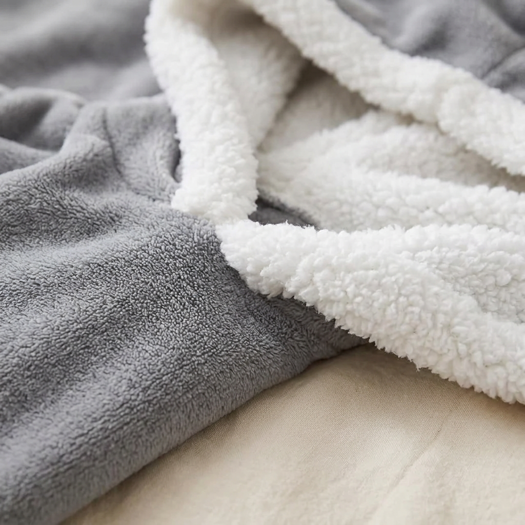 Cocon Polaire XXL – gros plan sur la polaire grise et la doublure sherpa blanche de la capuche