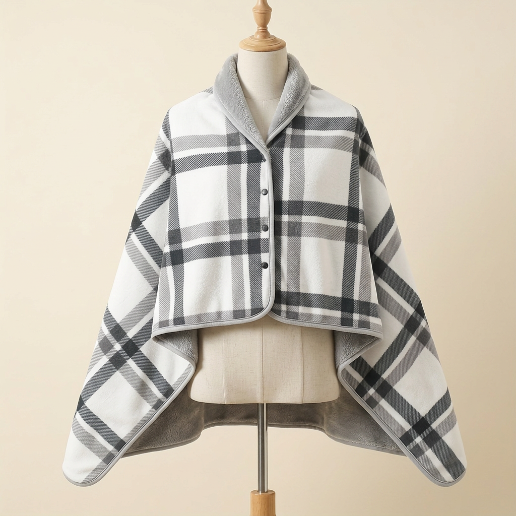 Châle-Plaid Câlin – coloris Blanc et noir, présenté sur mannequin couture