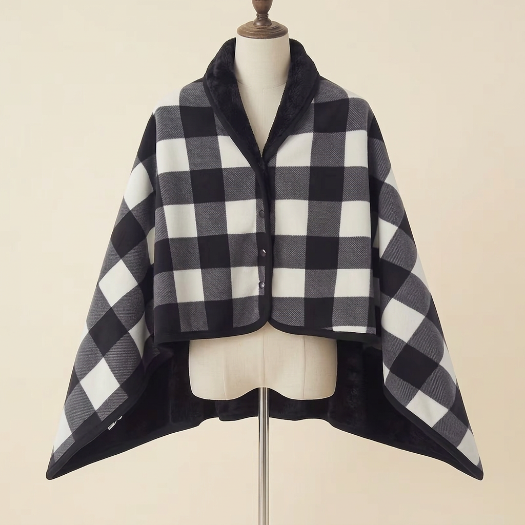 Châle-Plaid Câlin – coloris Noir et blanc, présenté sur mannequin couture