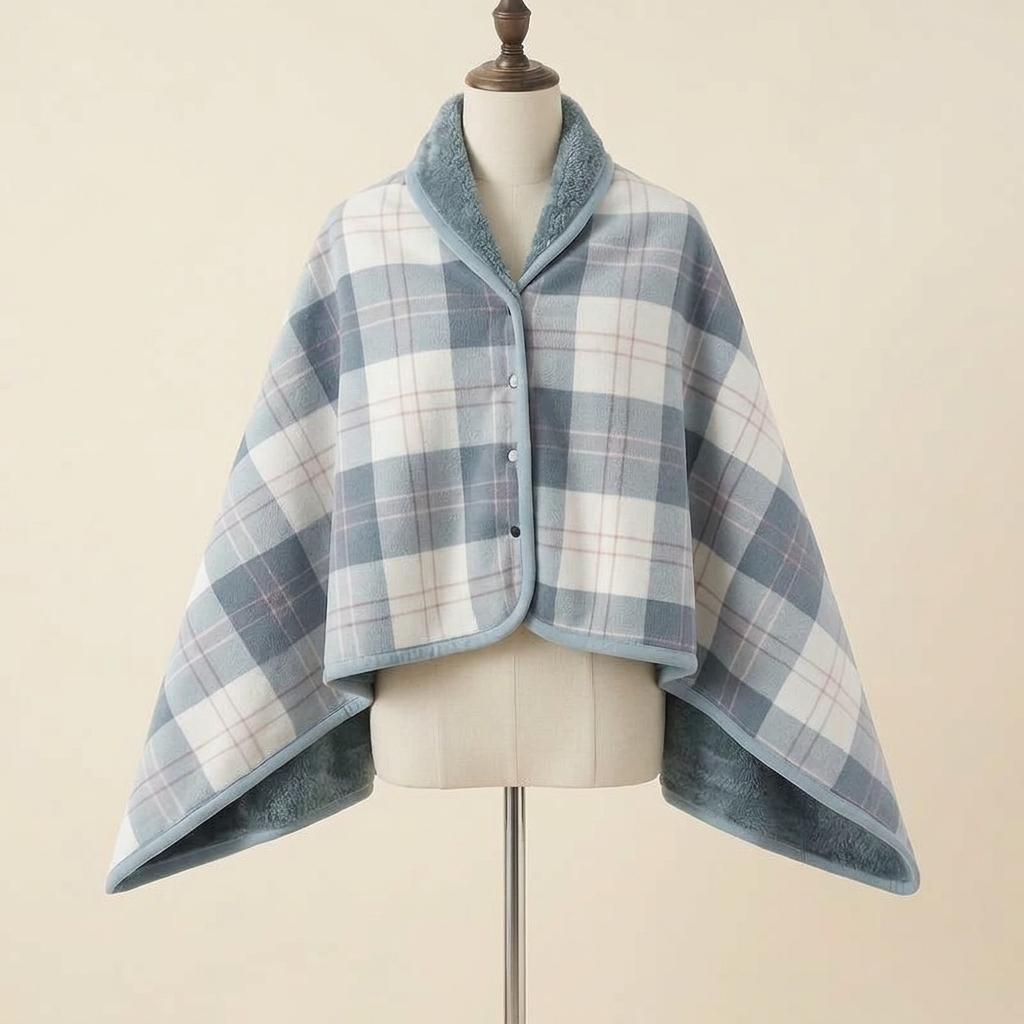 Châle-Plaid Câlin – coloris Tartan écossais, présenté sur mannequin couture