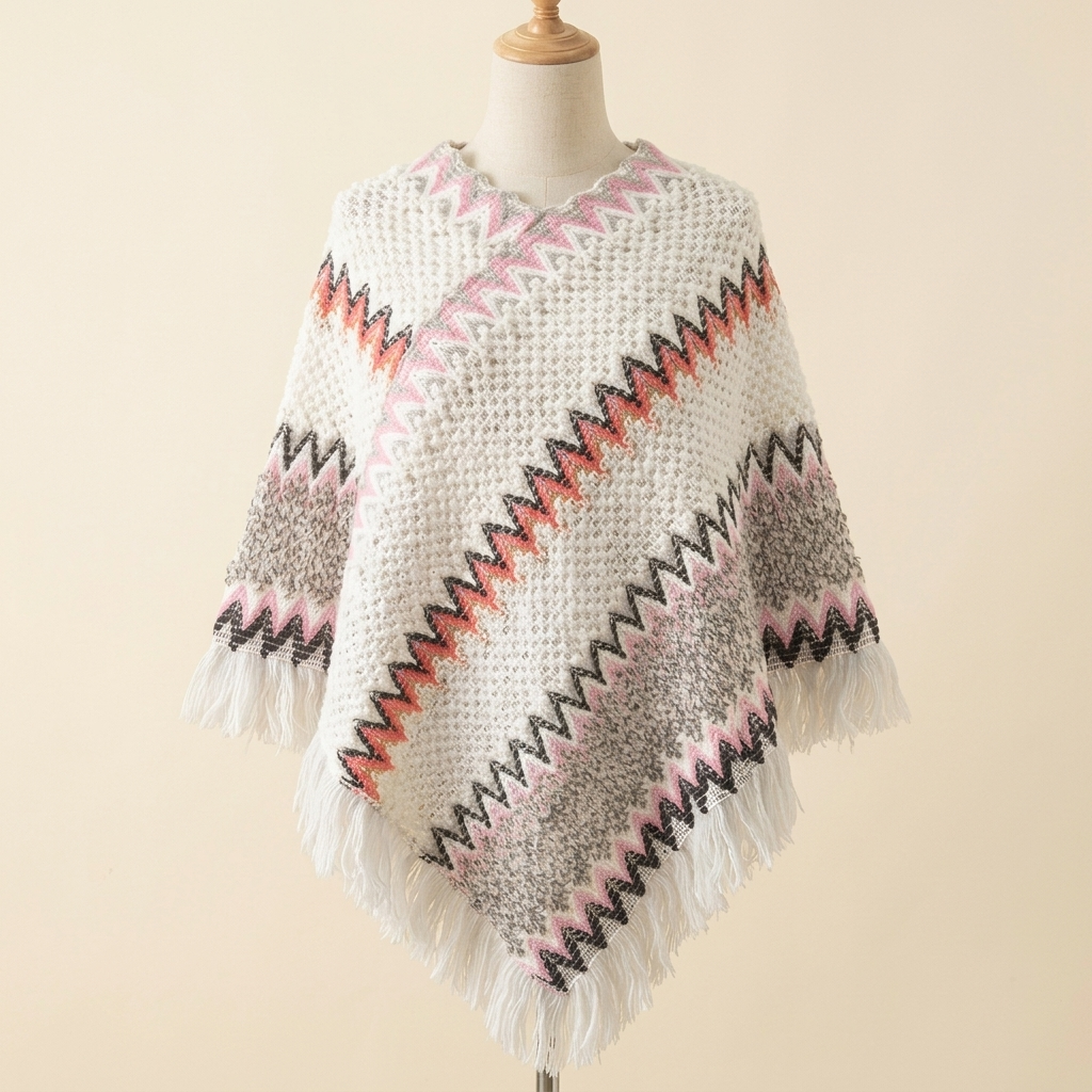 Châle Vagabonde – coloris Blanc et rose, présenté sur mannequin couture