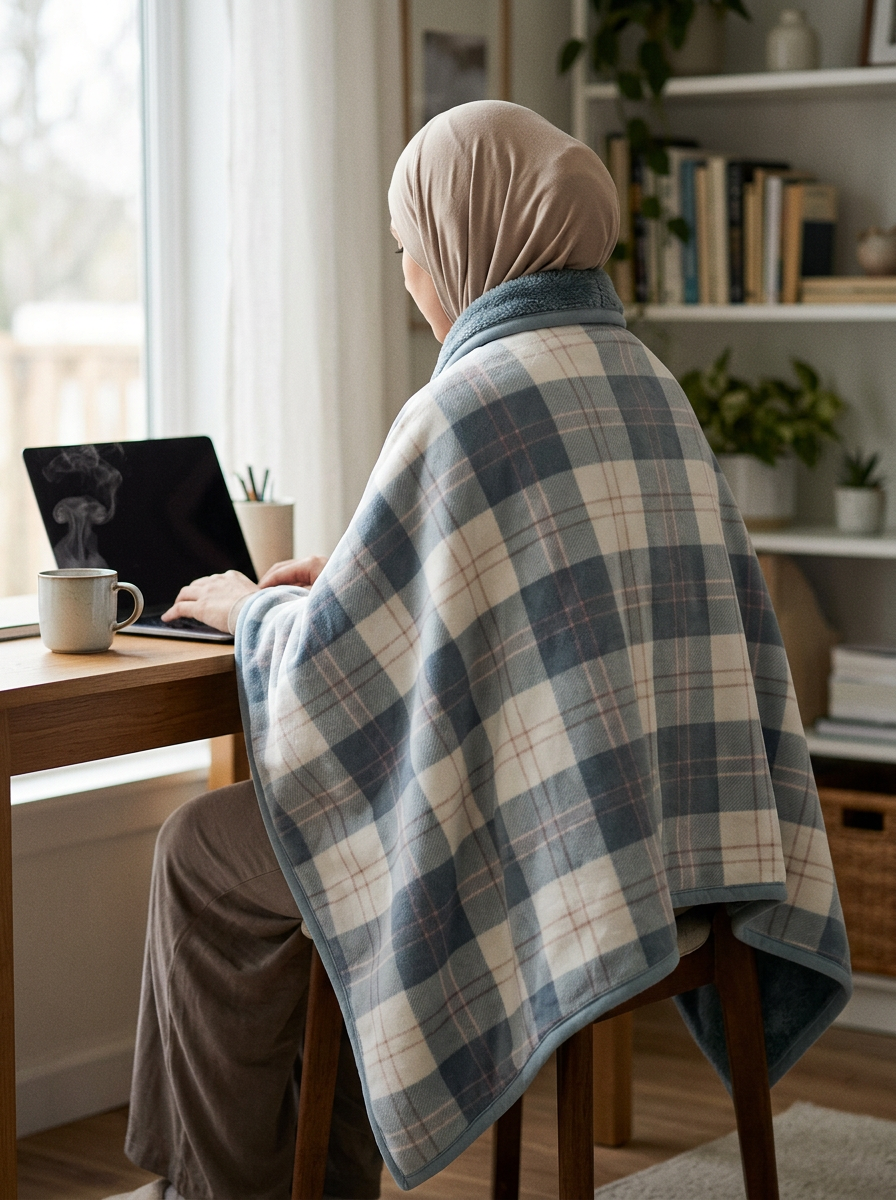 Châle-Plaid Câlin – coloris Gris bleuté, porté sur les épaules au bureau, vu de dos