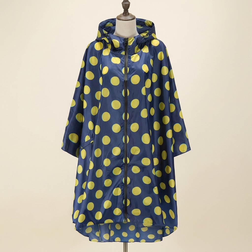 Poncho de Pluie Averse – coloris Marine à pois jaunes, présenté sur mannequin couture
