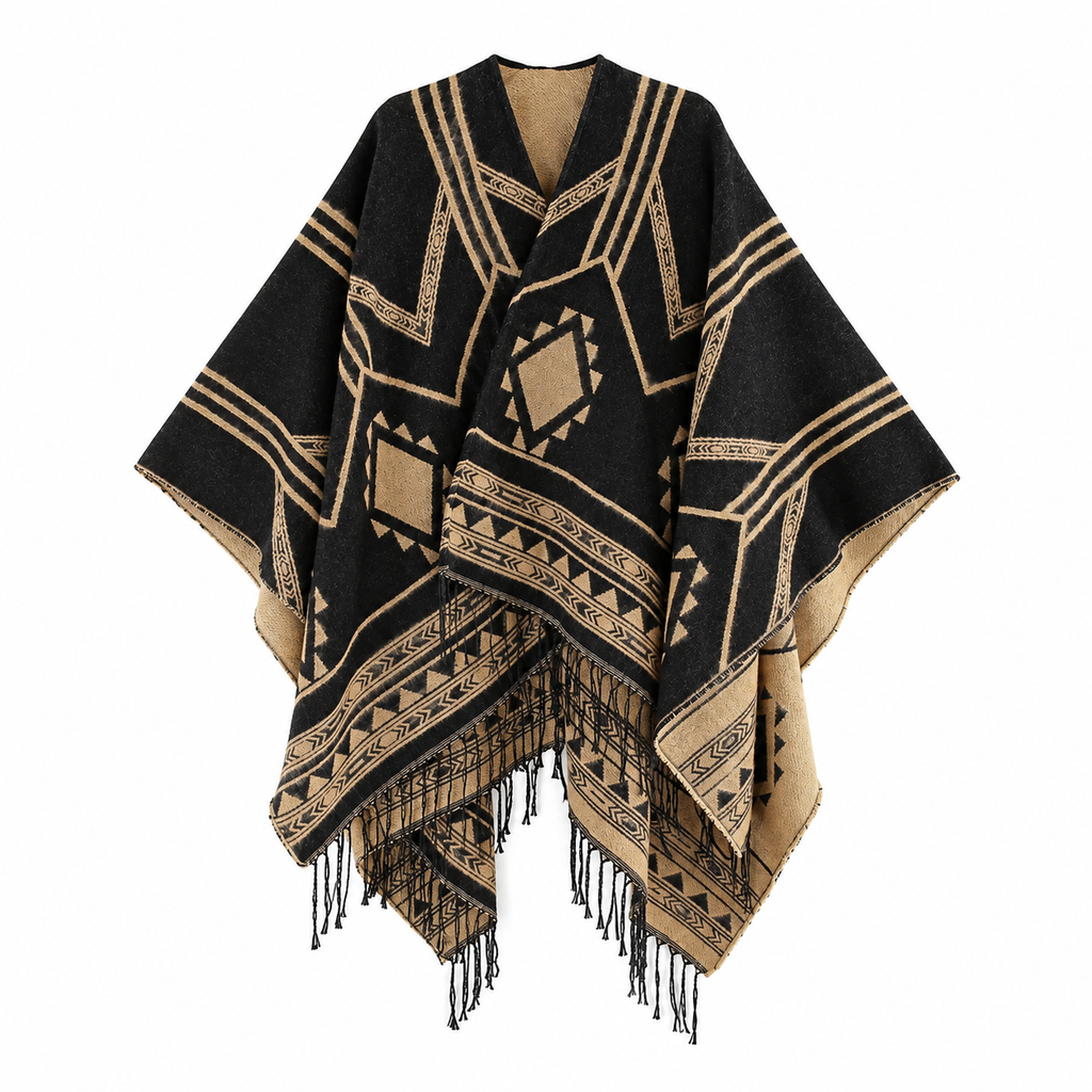 Poncho Himalaya Franges, vue d'ensemble sur fond blanc