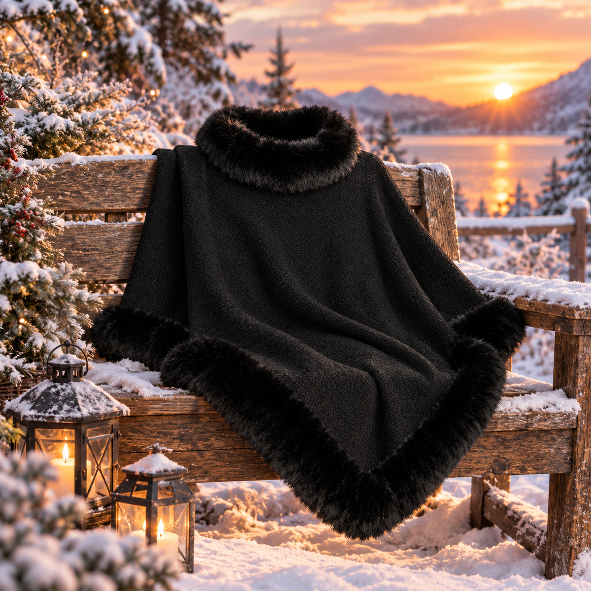 Cape Renarde Velours posée sur un banc en bois au coucher du soleil, en hiver