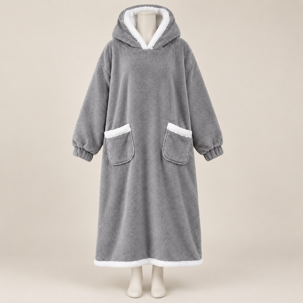 Cocon Polaire XXL présenté sur mannequin, fond beige