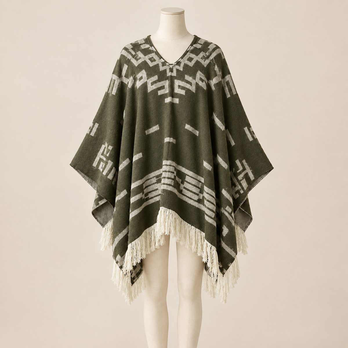 Cape-Châle Sierra présentée sur mannequin, fond beige