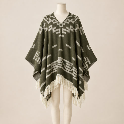 Cape-Châle Sierra présentée sur mannequin, fond beige