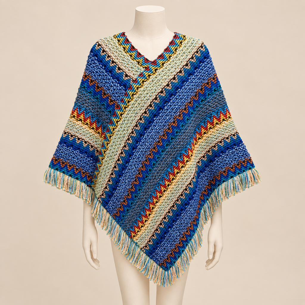 Poncho Yourte Douce présenté sur mannequin, fond beige