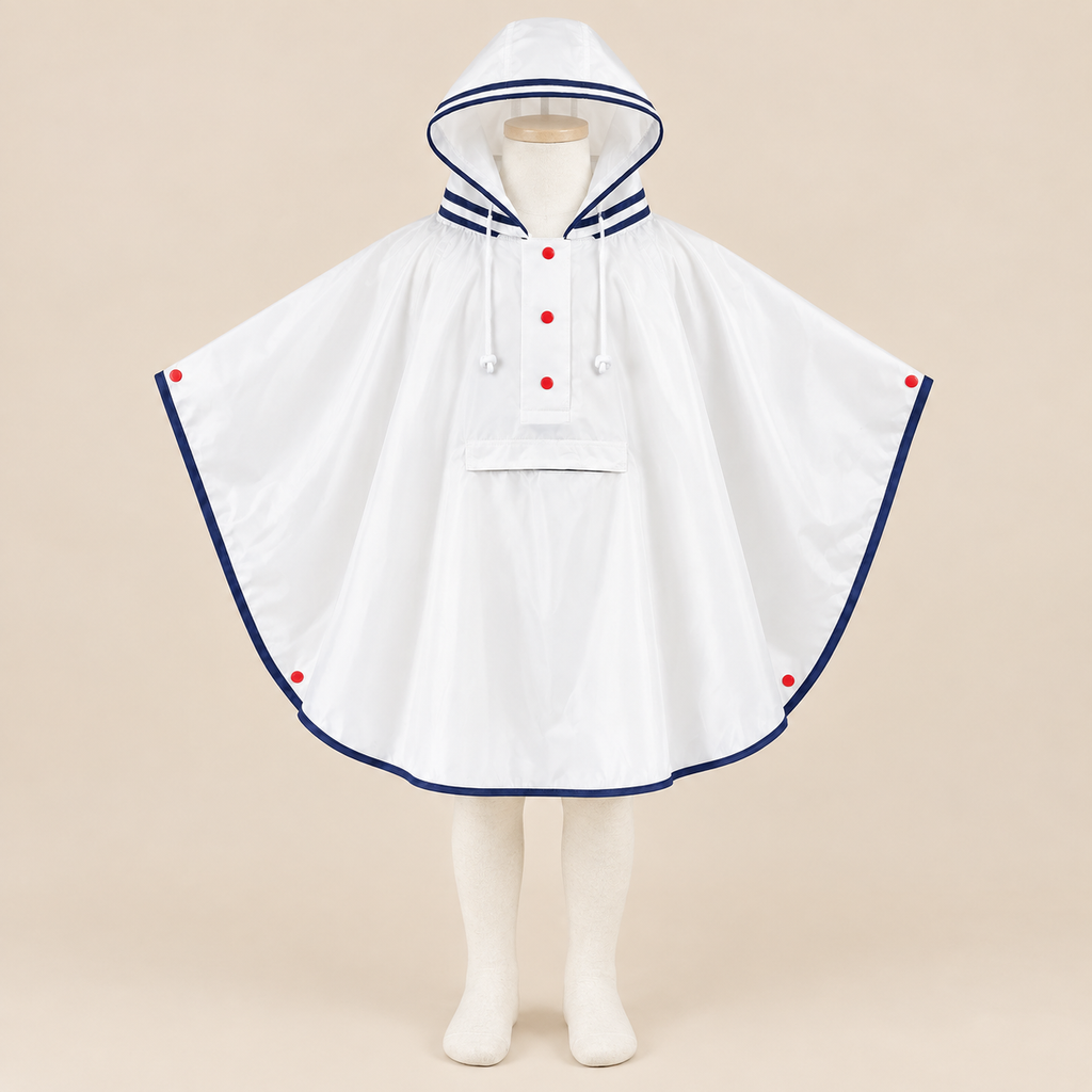 Poncho Petit Explorateur présenté sur mannequin, fond beige