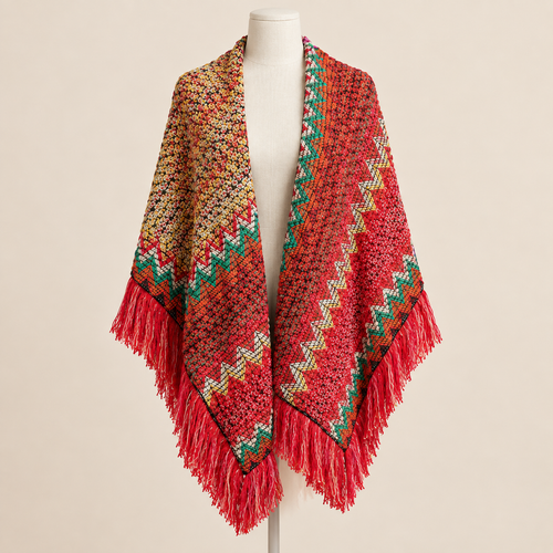 Châle Vagabonde présenté sur mannequin, fond beige