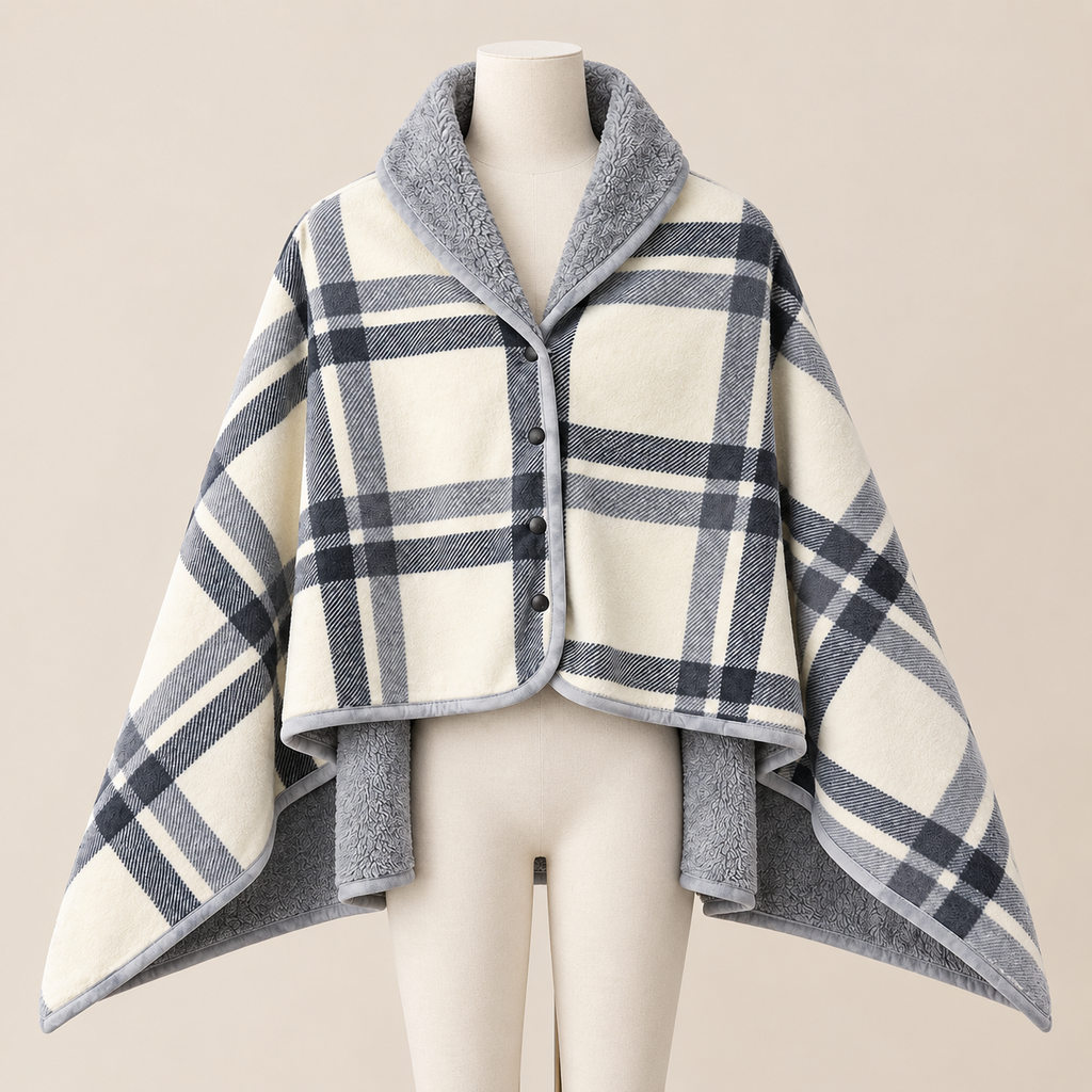 Châle-Plaid Câlin présenté sur mannequin, fond beige