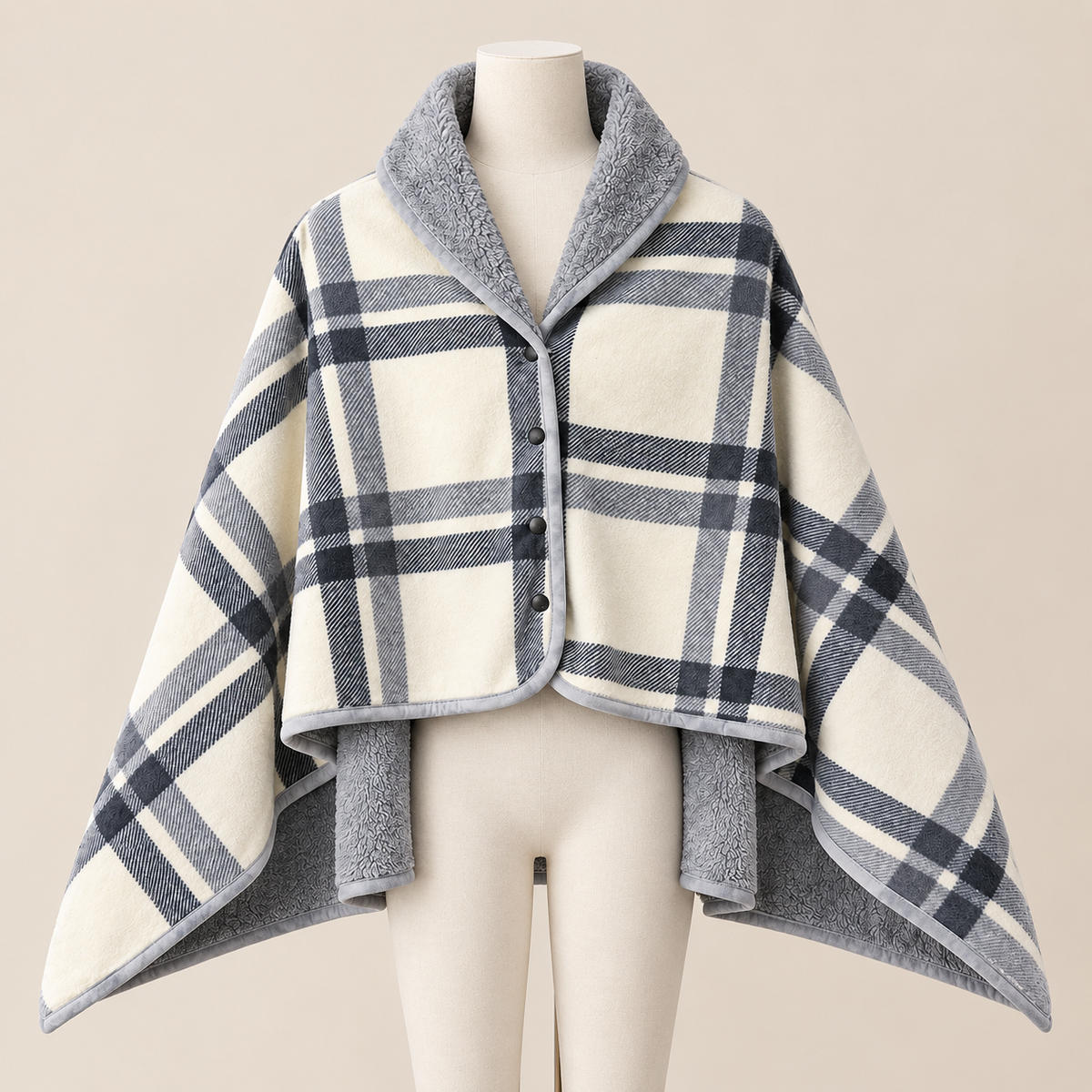 Châle-Plaid Câlin présenté sur mannequin, fond beige