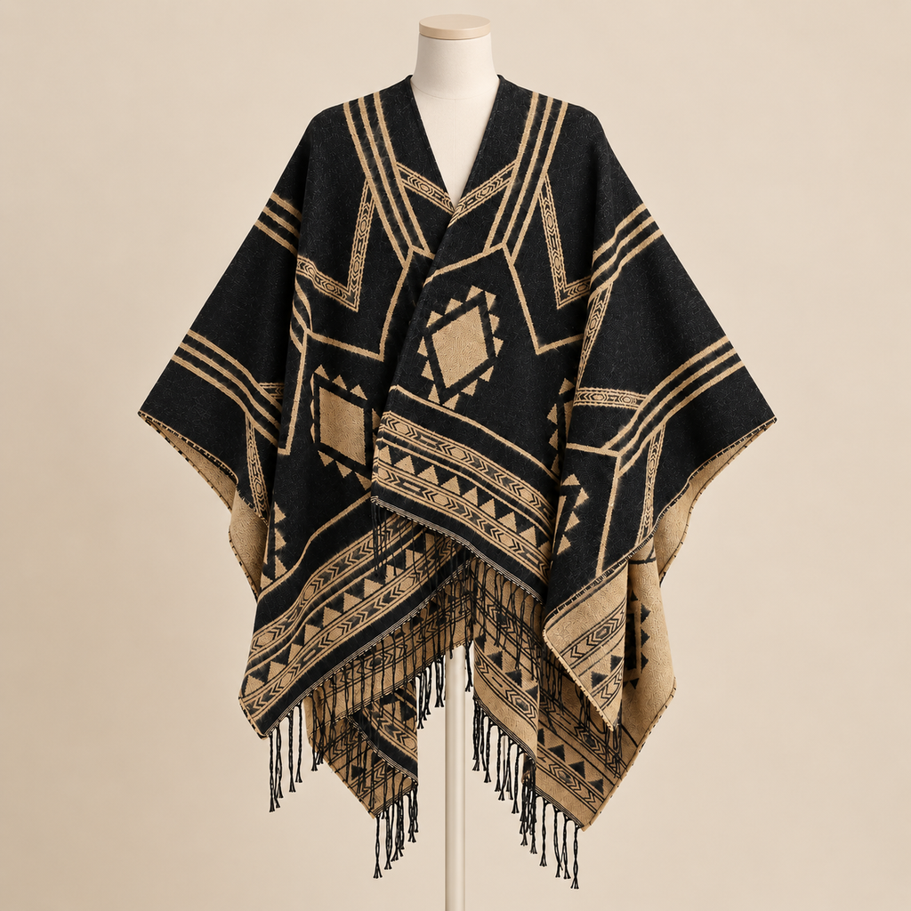 Poncho Himalaya Franges présenté sur mannequin, fond beige