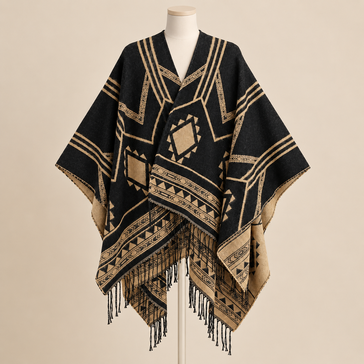 Poncho Himalaya Franges présenté sur mannequin, fond beige