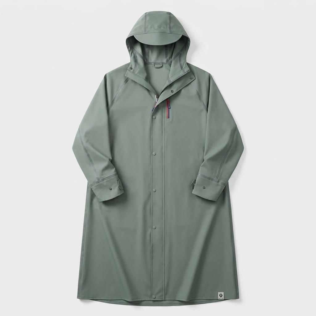 Poncho de Pluie Long Route Sèche présenté sur mannequin, fond beige