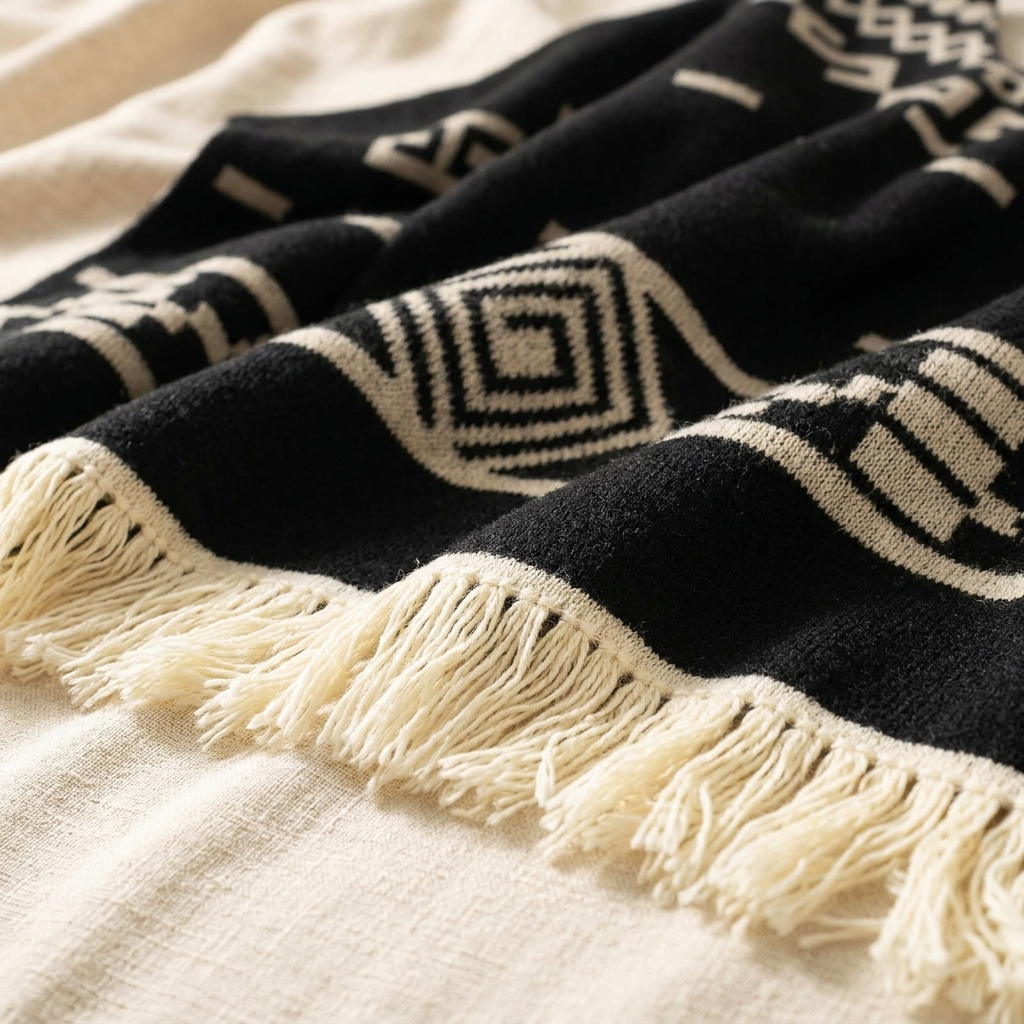 Poncho Homme Rancho – gros plan sur la maille épaisse, le motif géométrique et les franges