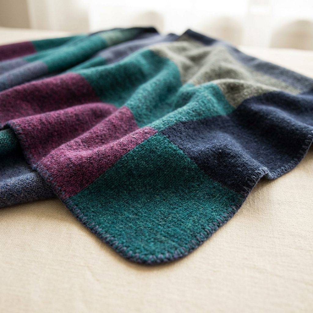 Poncho Mosaïque Hiver – gros plan sur la maille douce et les blocs de couleurs