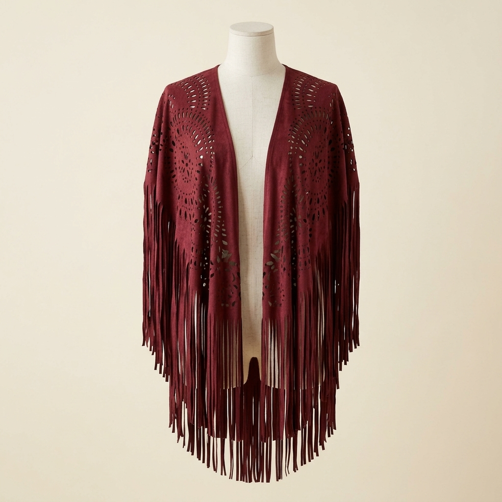 Poncho Bohème Effet Daim – coloris Bordeaux, présenté sur mannequin couture