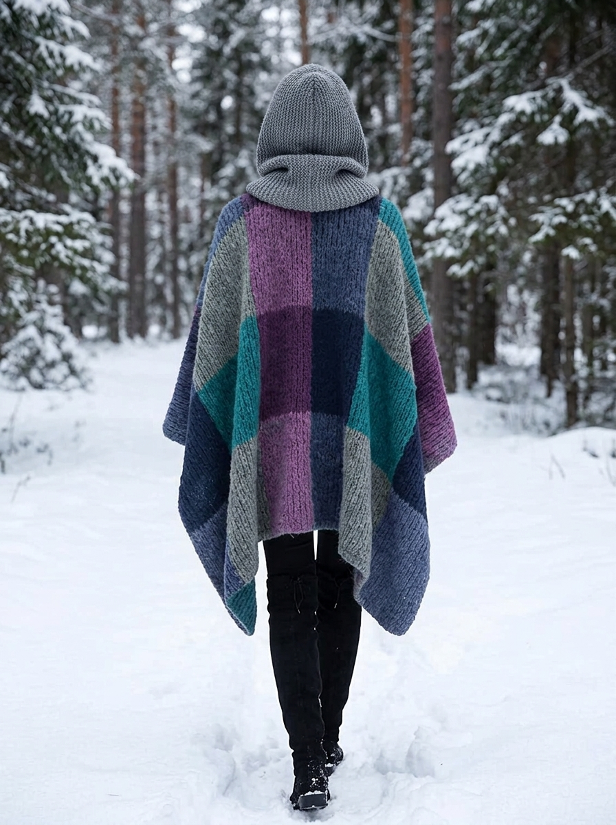 Poncho Mosaïque Hiver – coloris Bleu-vert et violet, porté dans une forêt enneigée, capuche en maille relevée, vu de dos