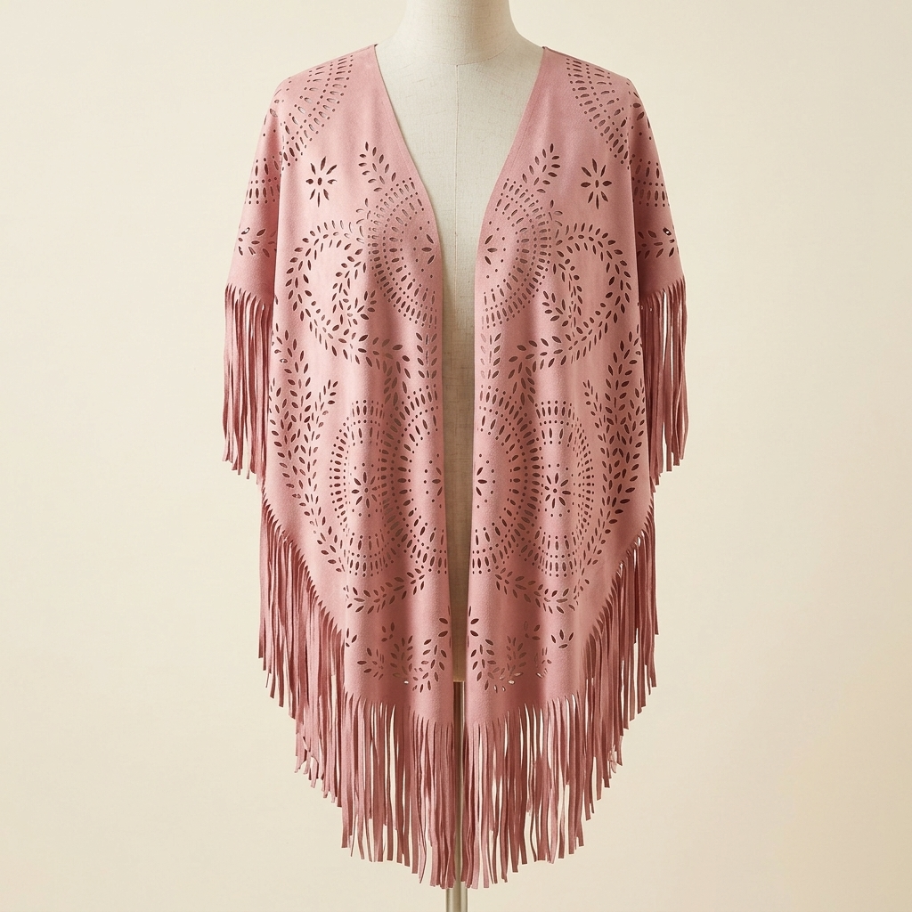 Poncho Bohème Effet Daim – coloris Rose poudré, présenté sur mannequin couture