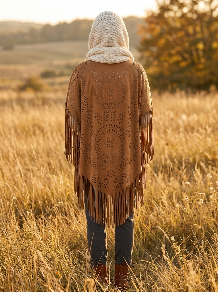 Poncho Bohème Effet Daim – coloris Camel, porté dans une prairie au coucher du soleil, capuche en maille relevée, vu de dos