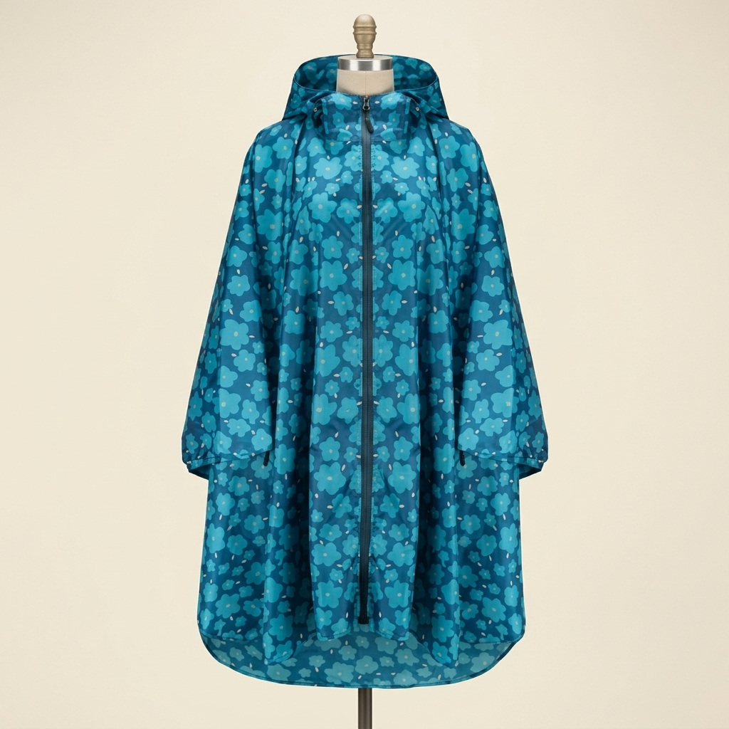 Poncho de Pluie Averse – coloris Bleu imprimé, présenté sur mannequin couture