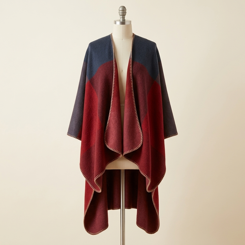 Poncho Mosaïque Hiver – coloris Rouge et marine, présenté sur mannequin couture