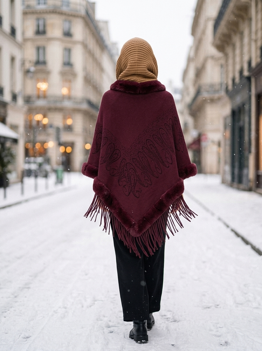Cape Hiver Chic – coloris Bordeaux, portée dans une rue enneigée de Paris, vue de dos