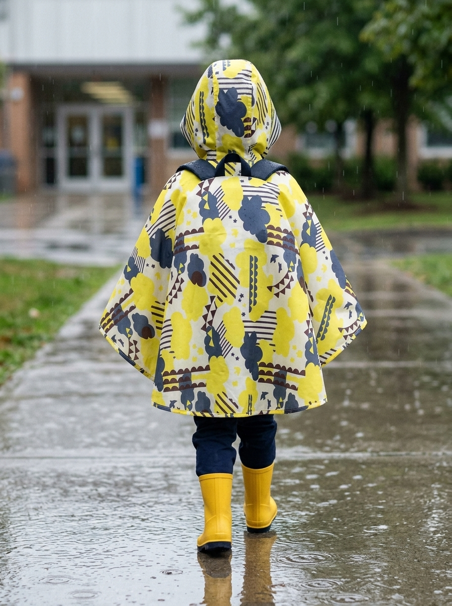 Poncho Petit Explorateur – coloris Jaune et marine, porté de dos par un enfant sous la pluie