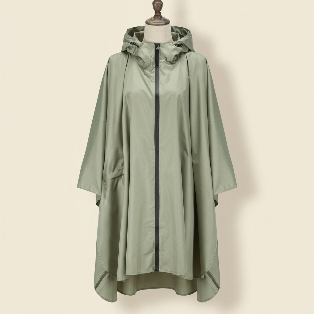 Poncho de Pluie Averse – coloris Vert sauge, présenté sur mannequin couture