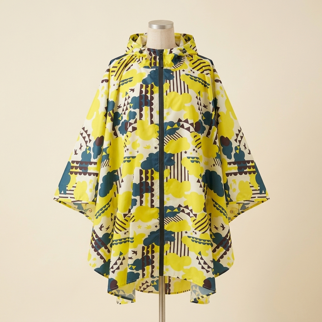 Poncho de Pluie Averse – coloris Jaune imprimé, présenté sur mannequin couture