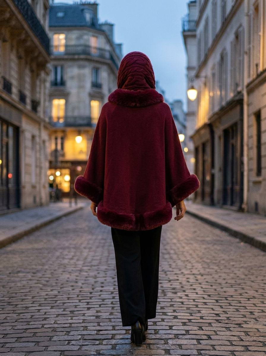 Cape Renarde Velours – coloris Bordeaux, portée dans une rue pavée de Paris au crépuscule, vue de dos