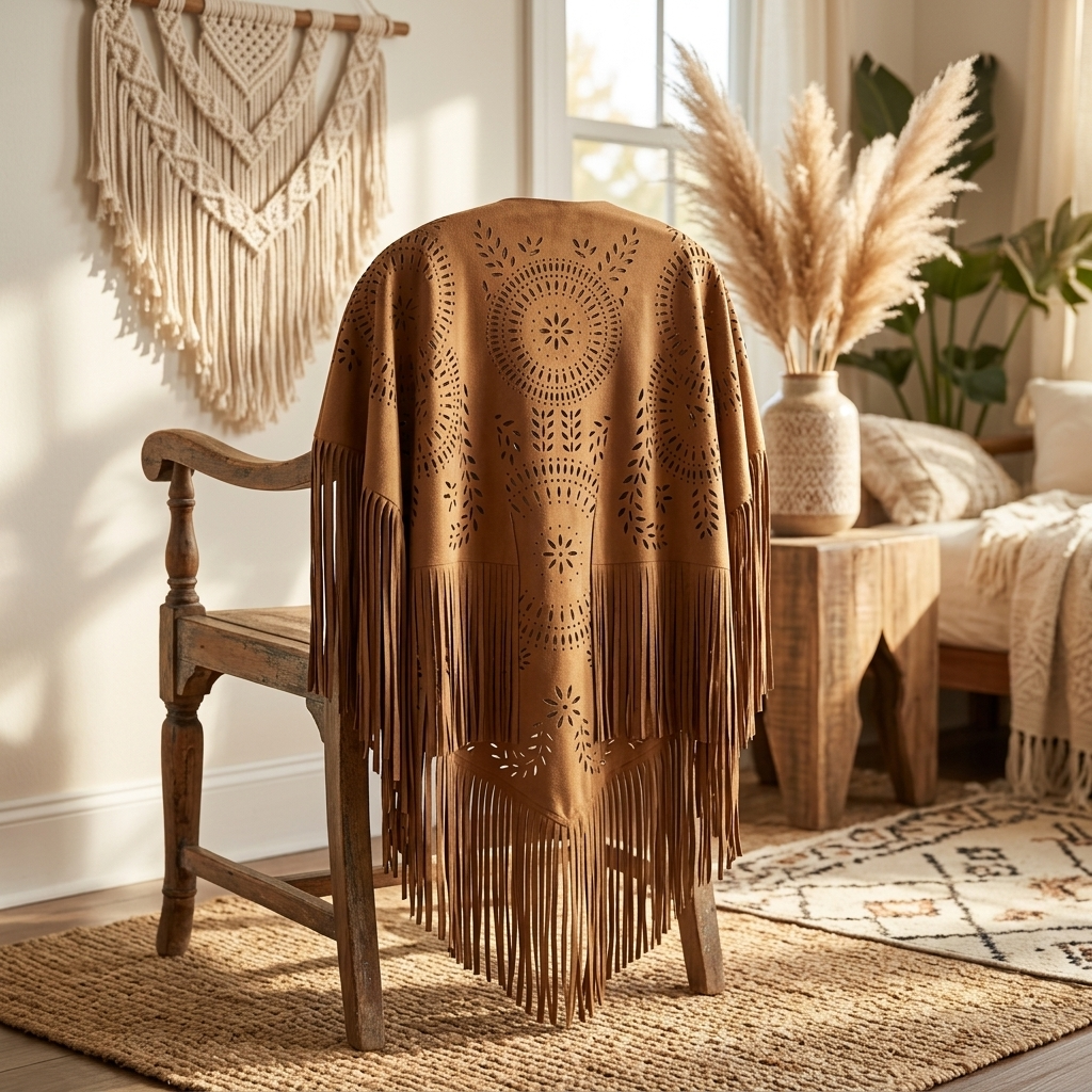 Poncho Bohème Effet Daim posé sur une chaise en bois dans une chambre bohème