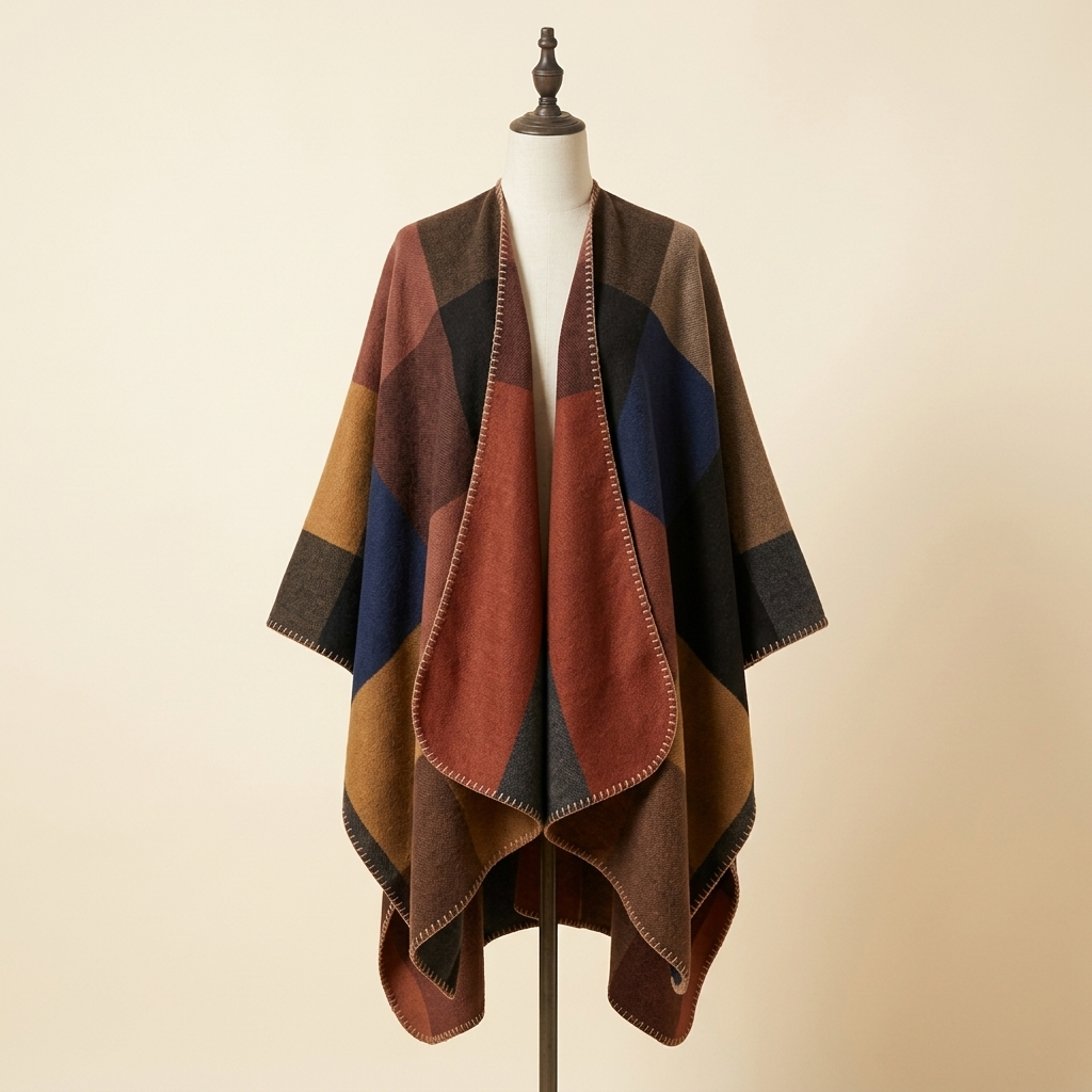 Poncho Mosaïque Hiver – coloris Camel et brun, présenté sur mannequin couture