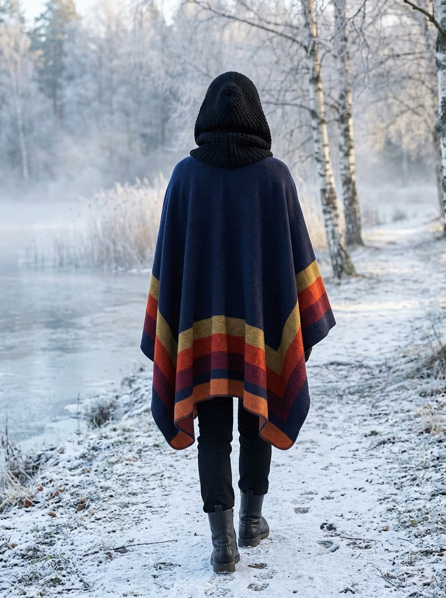 Poncho Douceur Rayé – coloris Marine et orange, porté au bord d'un lac givré, capuche en maille relevée, vu de dos
