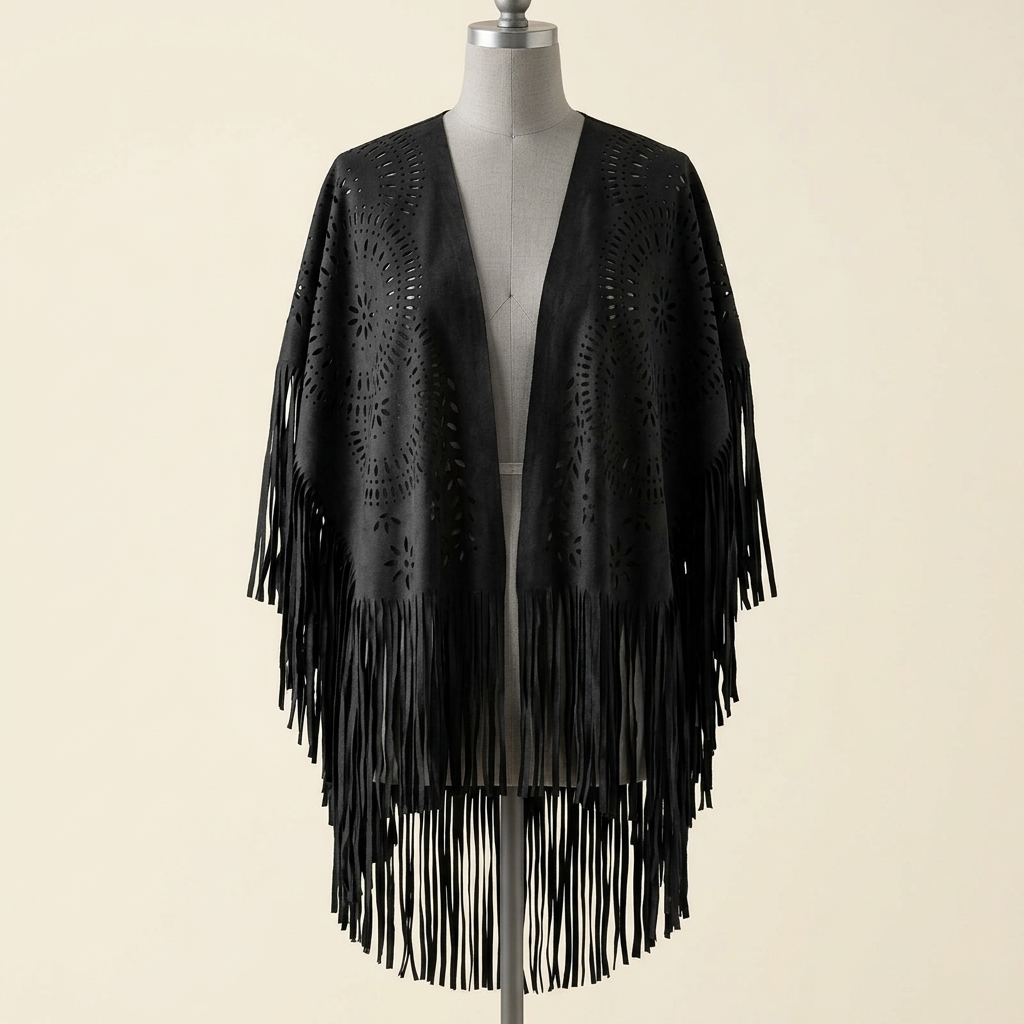 Poncho Bohème Effet Daim – coloris Noir, présenté sur mannequin couture