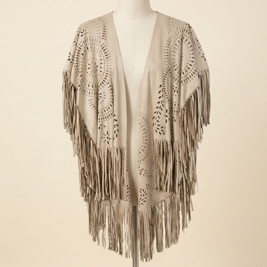 Poncho Bohème Effet Daim – coloris Beige, présenté sur mannequin couture