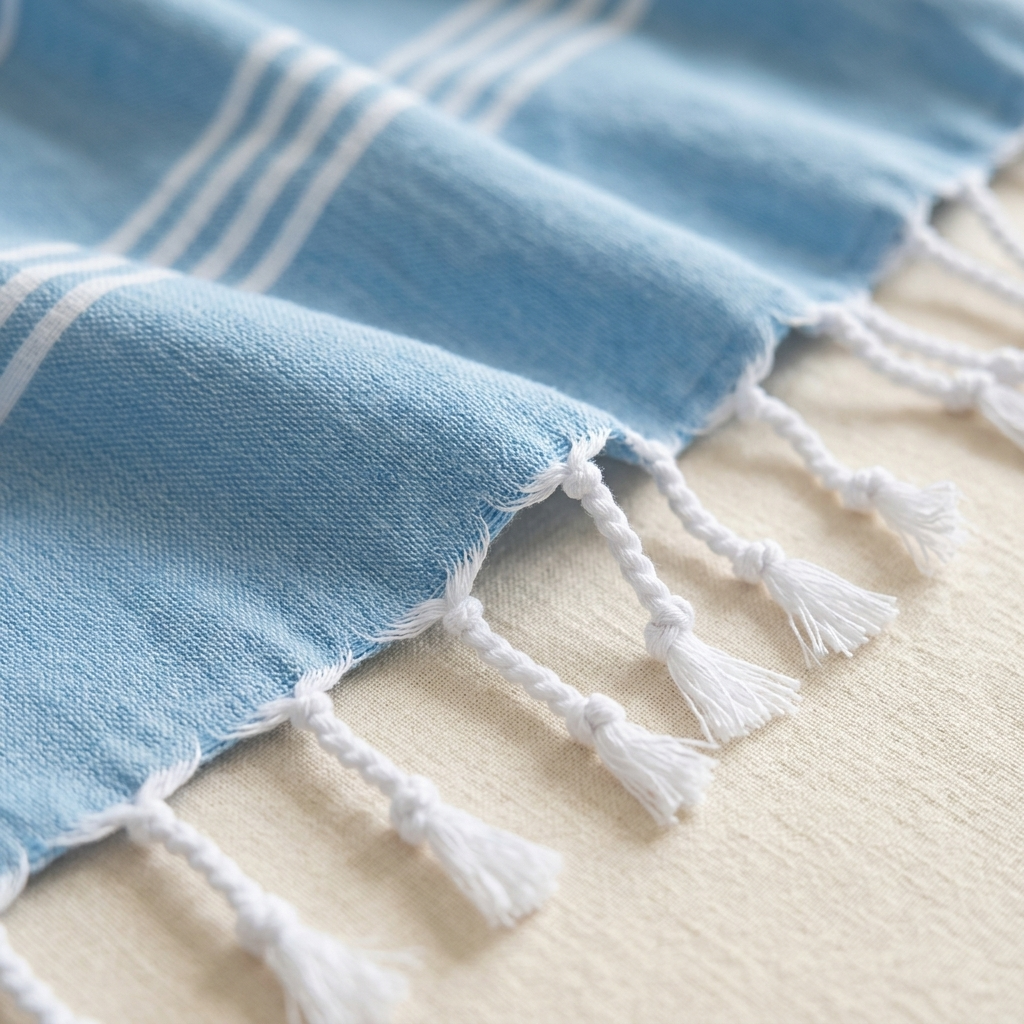 Poncho Fouta Bord de Mer – gros plan sur le tissu rayé bleu ciel et les franges nouées