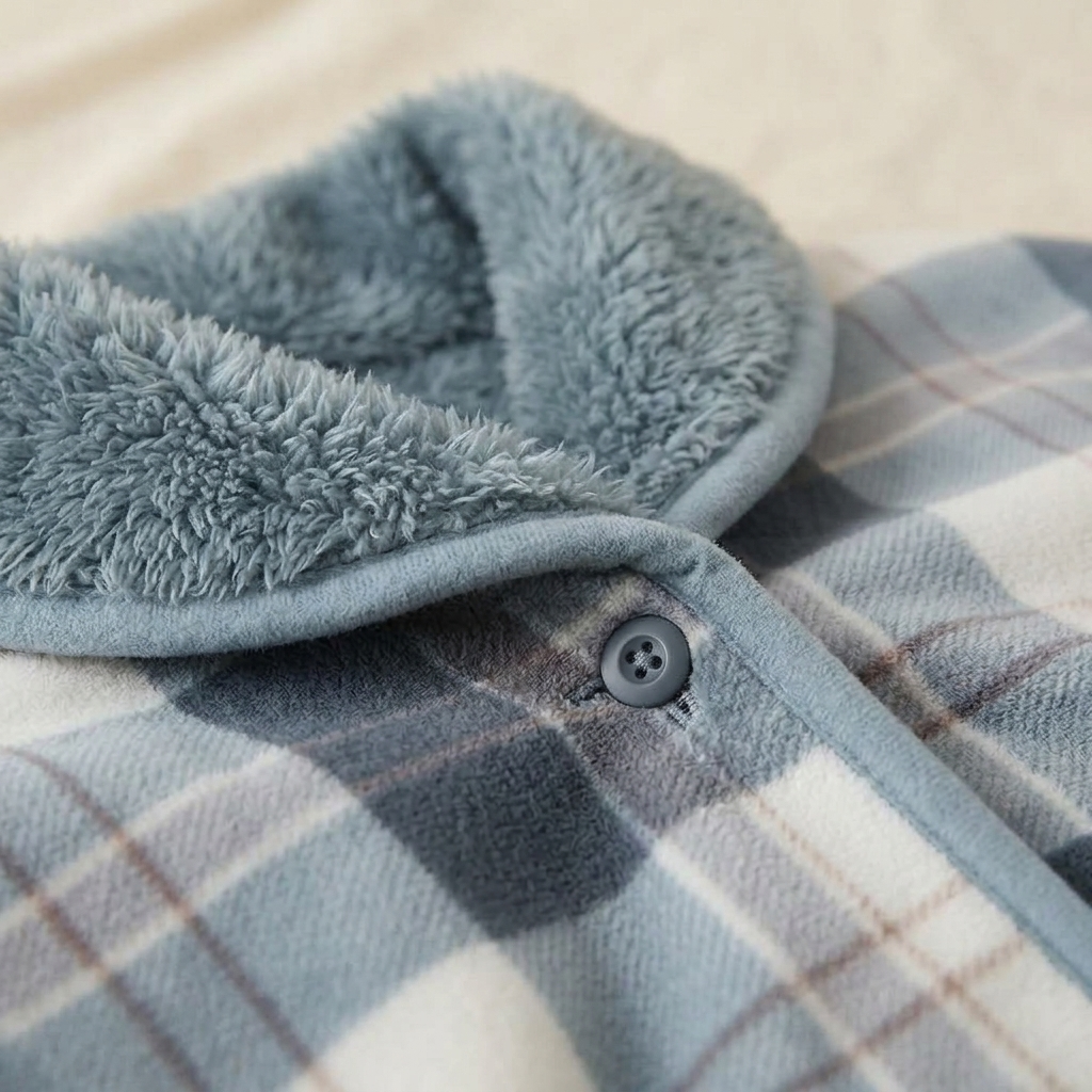 Châle-Plaid Câlin – gros plan sur le tissu écossais gris bleuté, le col doublé de polaire et le bouton