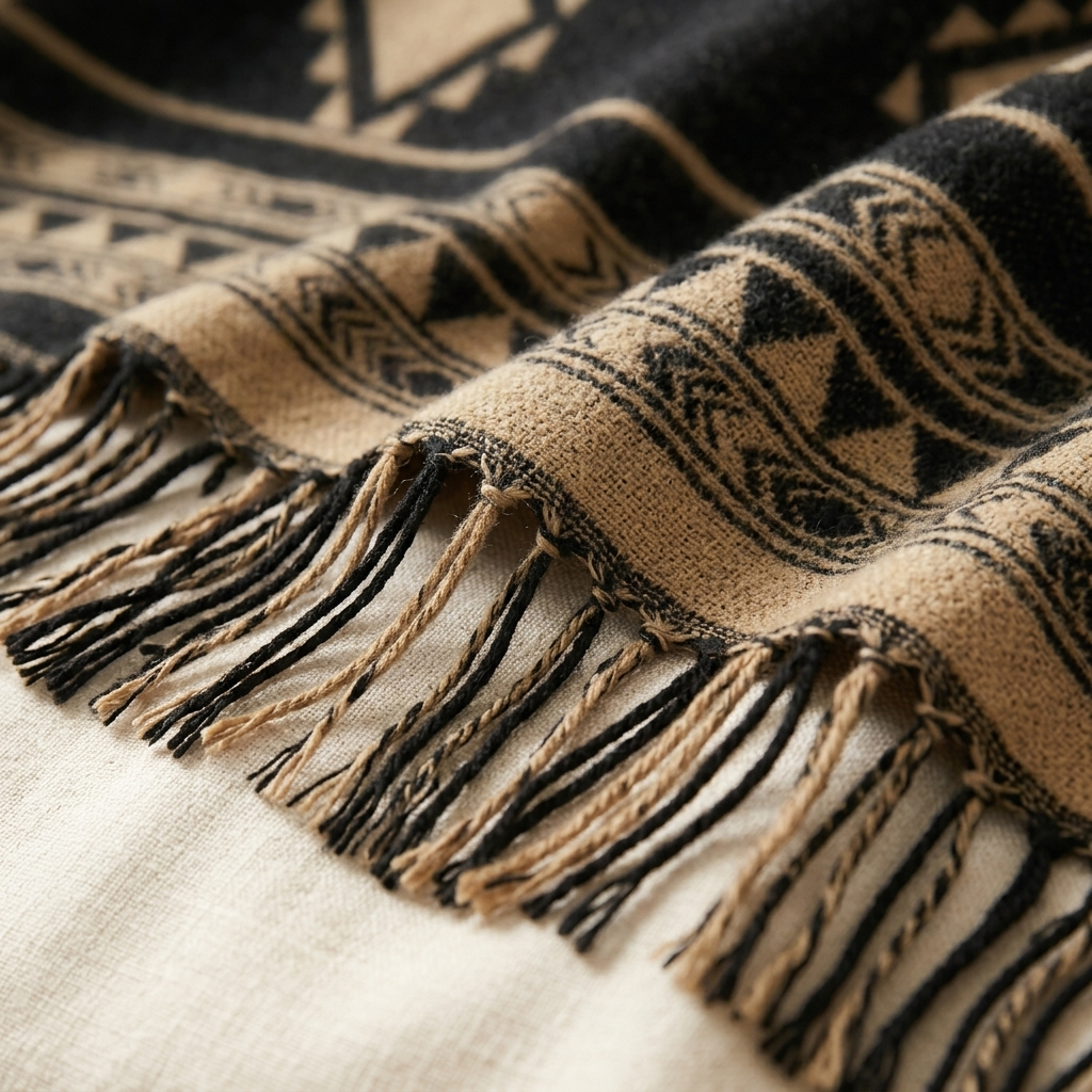 Poncho Himalaya Franges – gros plan sur la maille tricotée et le motif géométrique noir et camel